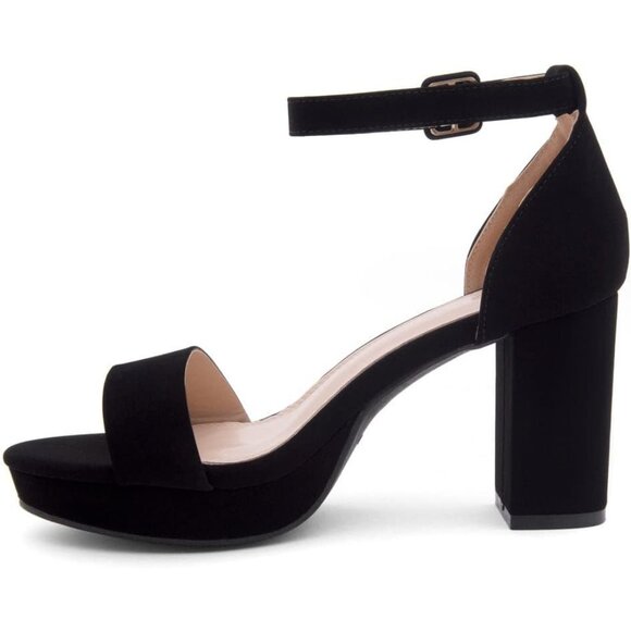 Women's Black Chunky Block Ankle Strap Stylish Comfortable Open Toe Strappy Heel - Picture 3 of 7